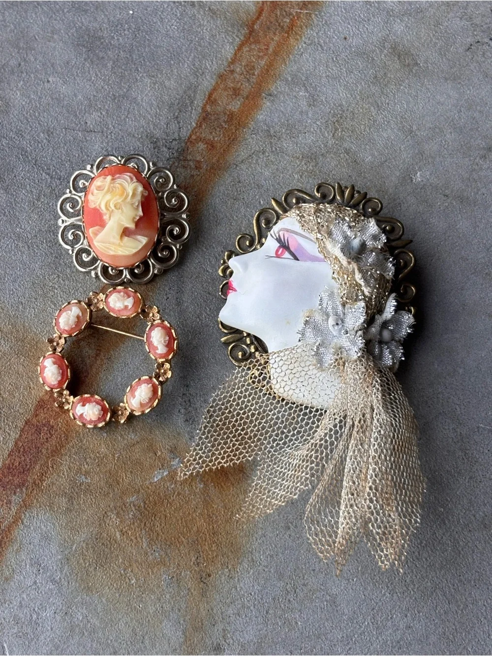 Vintage Victorian Brooch Trio Lot Pink Cameos Art Deco Lady Face Coquette